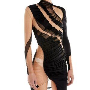 Mugler Swirling Patchwork Dress in Multicolor Black 36 4 New Womens long sleeve